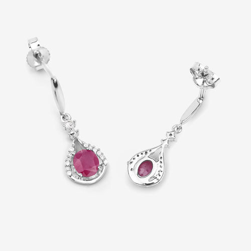 0.70 Carat Genuine Ruby and White Diamond 14K White Gold Earrings