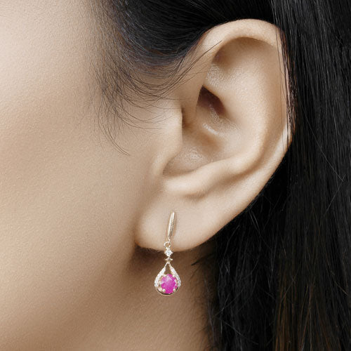 0.70 Carat Genuine Ruby and White Diamond 14K Yellow Gold Earrings