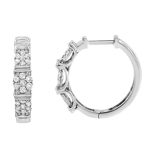 .925 Sterling Silver 1/2 Carat Total Weight Lab Grown Round Diamond Floral Cluster Hoop Earrings (F-G Color, SI1-SI2 Clarity)