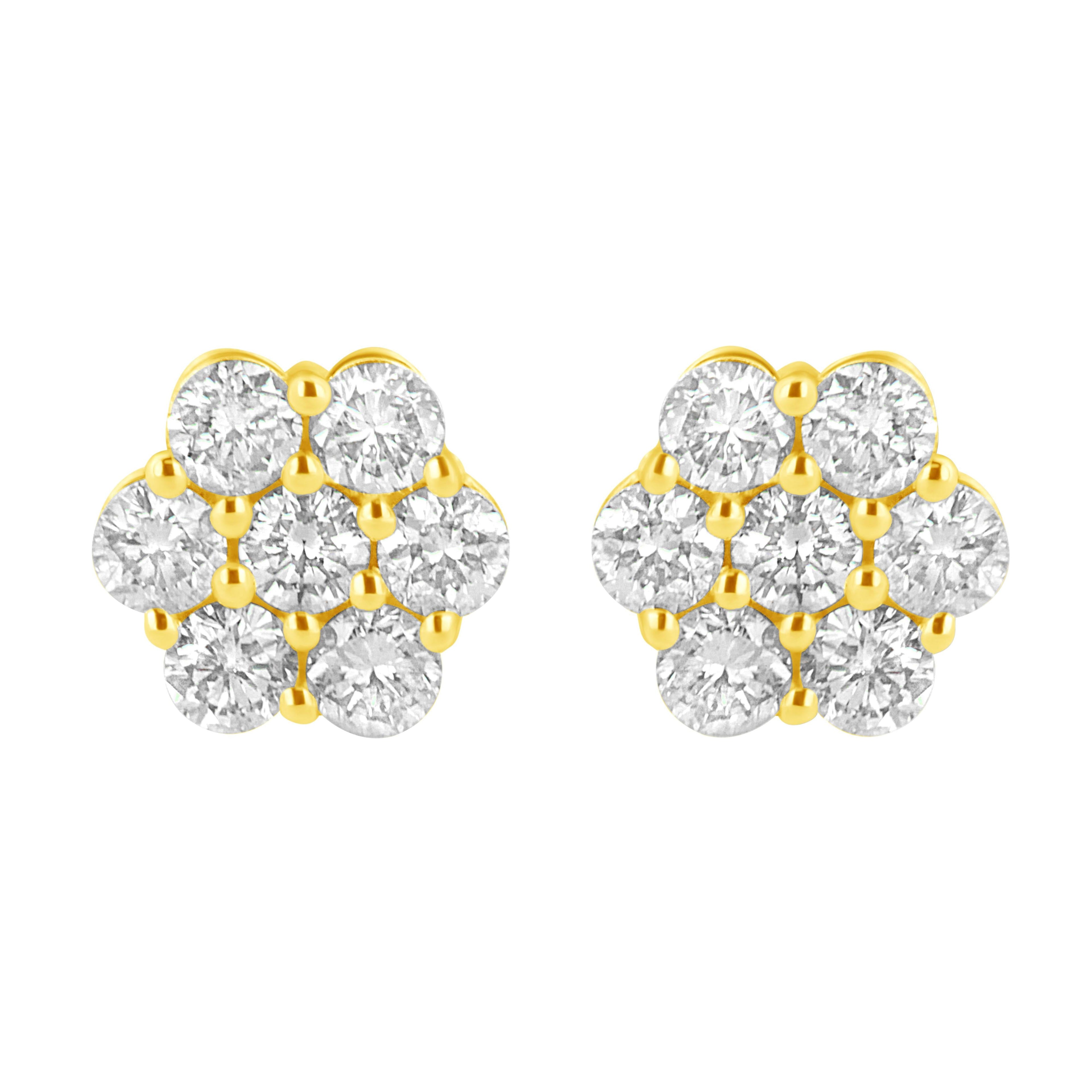 14K Yellow Gold 1/2 Cttw Brilliant Round Cut Diamond Floral Cluster Stud Earrings with Pushbacks (J-K Color, VS2-SI1 Clarity)
