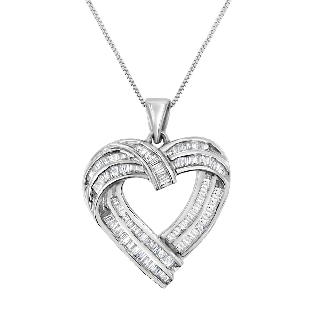 Sterling Silver 7/8 ct. t.w. Baguette Diamond Heart Pendant Necklace (I-J, I2-I3)