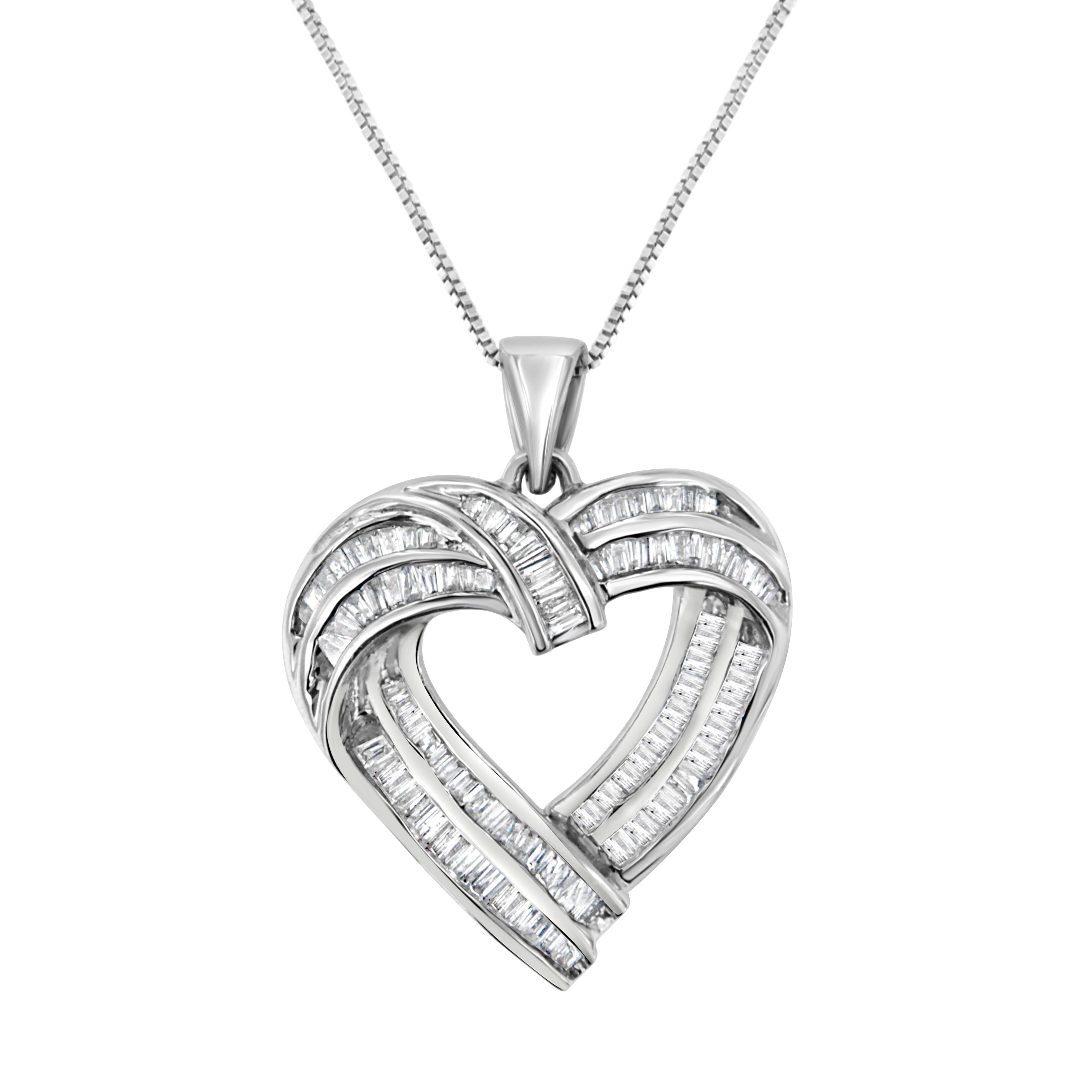 Sterling Silver 7/8 ct. t.w. Baguette Diamond Heart Pendant Necklace (I-J, I2-I3)