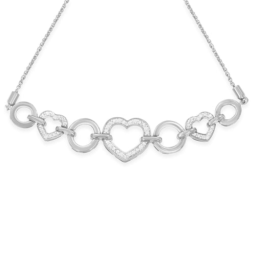 .925 Sterling Silver 1/10 Cttw Round-Cut Diamond Heart-Link Adjustable Bolo Bracelet (H-I Color, I2-I3 Clarity) - 6"-9" Adjustable