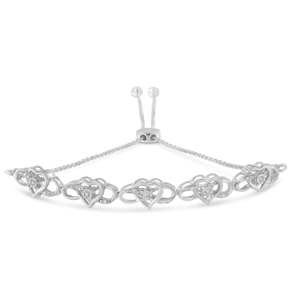 .925 Sterling Silver Miracle Set Diamond Accented Infinity Hearts 6"-9" Adjustable Bolo Bracelet (H-I Color, I2-I3 Clarity)