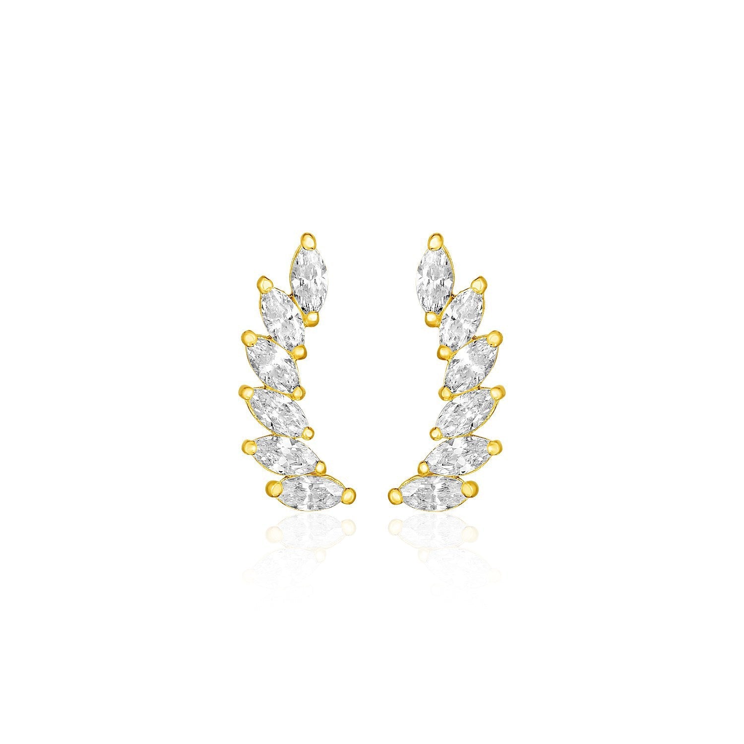 14k Yellow Gold Leaf Motif Climber Post Earrings with Marquise Cubic Zirconias