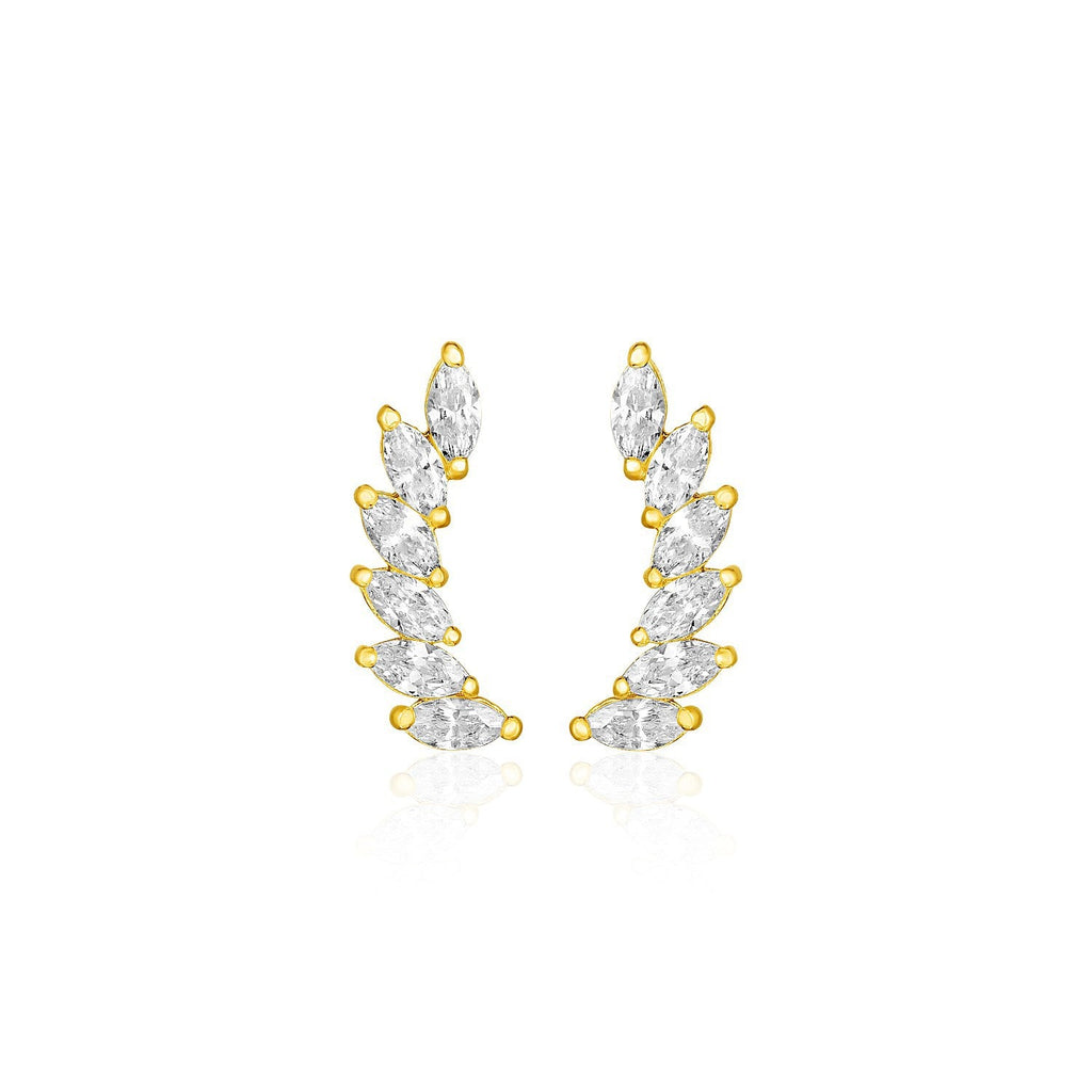 14k Yellow Gold Leaf Motif Climber Post Earrings with Marquise Cubic Zirconias