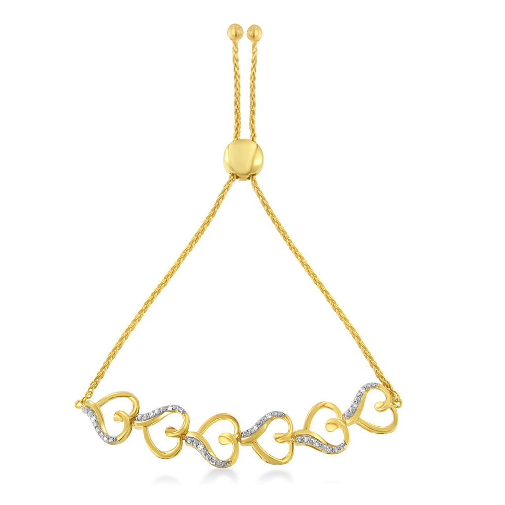 10K Yellow Gold over .925 Sterling Silver Diamond Accented Open Hearts 6"-9" Adjustable Chain Bolo Bracelet (H-I Color, I2-I3 Clarity)