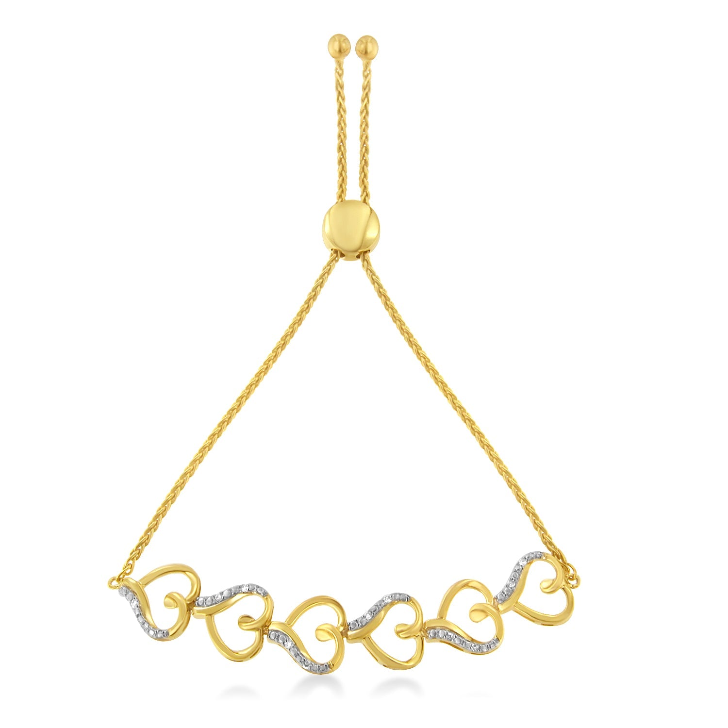 10K Yellow Gold over .925 Sterling Silver Diamond Accented Open Hearts 6"-9" Adjustable Chain Bolo Bracelet (H-I Color, I2-I3 Clarity)