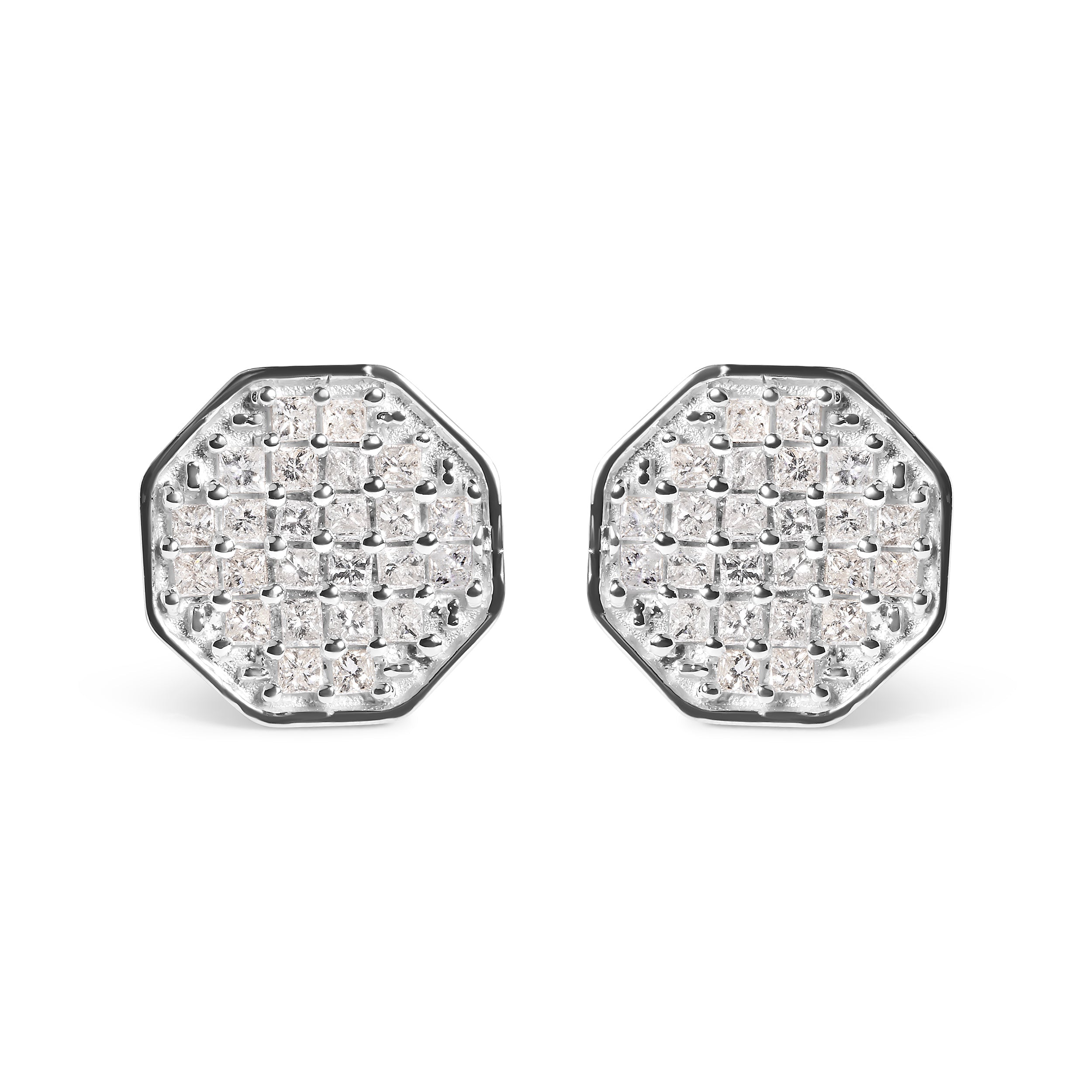 10K White Gold 7/8 Cttw Princess Diamond Composite Octagon Shaped Stud Earrings (I-J Color, I1-I2 Clarity)