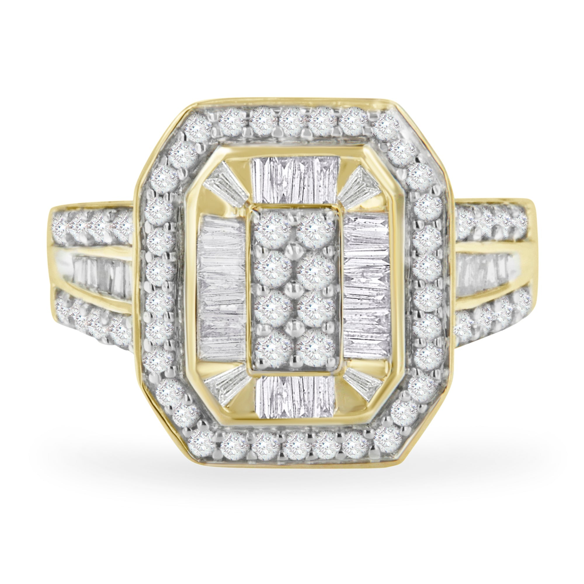10K Yellow Gold 1.0 Cttw Diamond Vintage Inspired Baguette-Cut Double Halo Emerald-Shaped Frame Cocktail Ring (I-J Color, I1-I2 Clarity) - Size 6-1/2