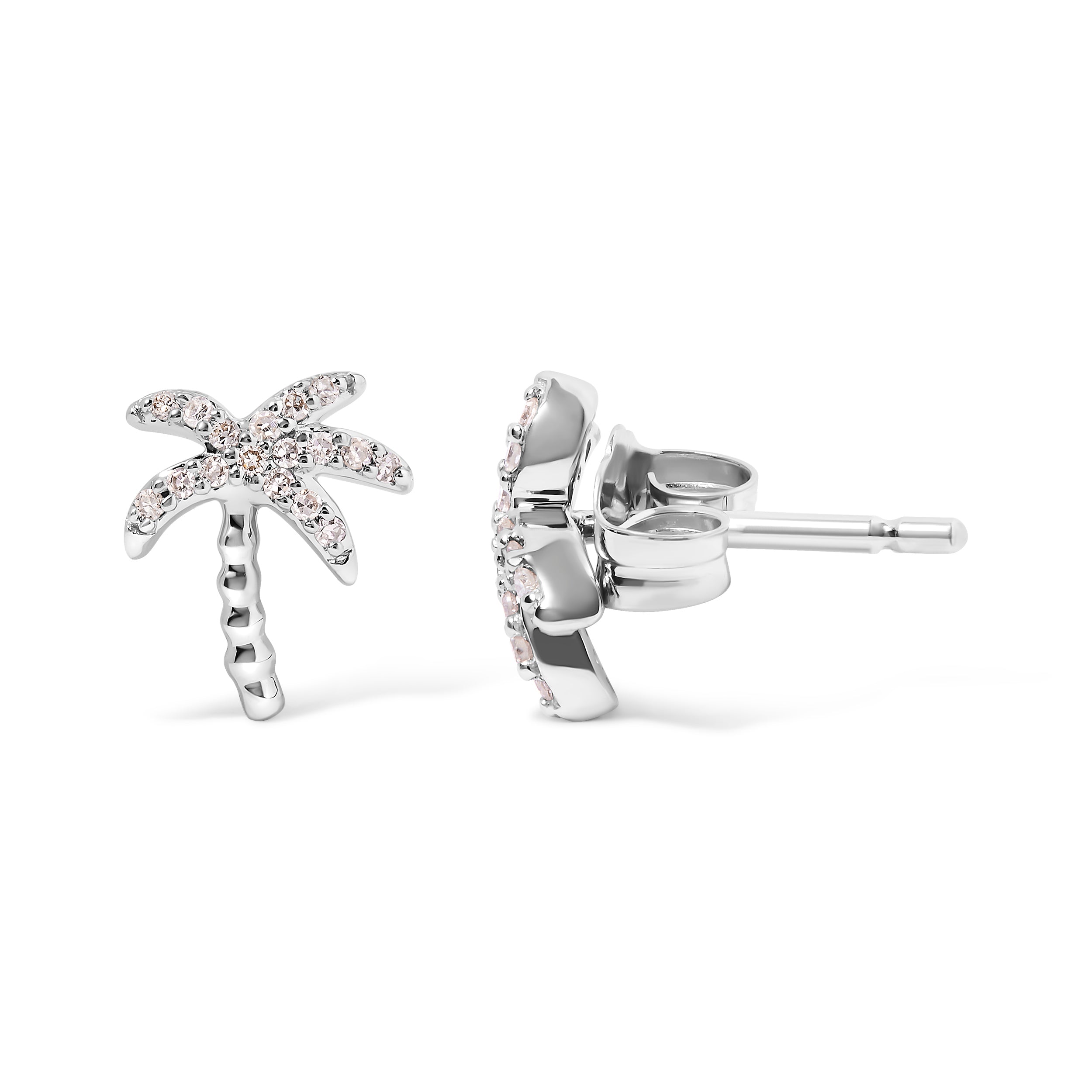 10K White Gold 1/10 Cttw Diamond Encrusted Palm Tree Stud Earrings (H-I Color, I1-I2 Clarity)