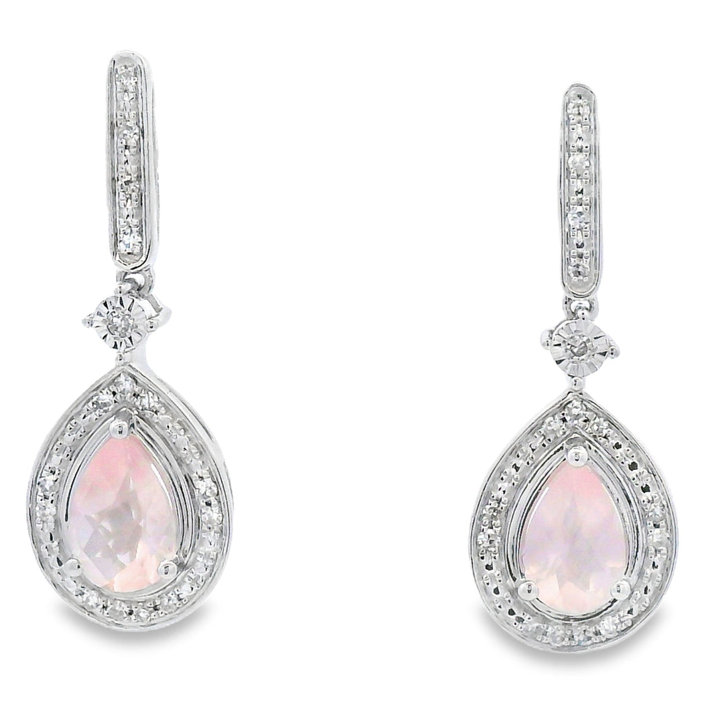 Rose Quartz Diamond Dangle Earrings 10K White Gold