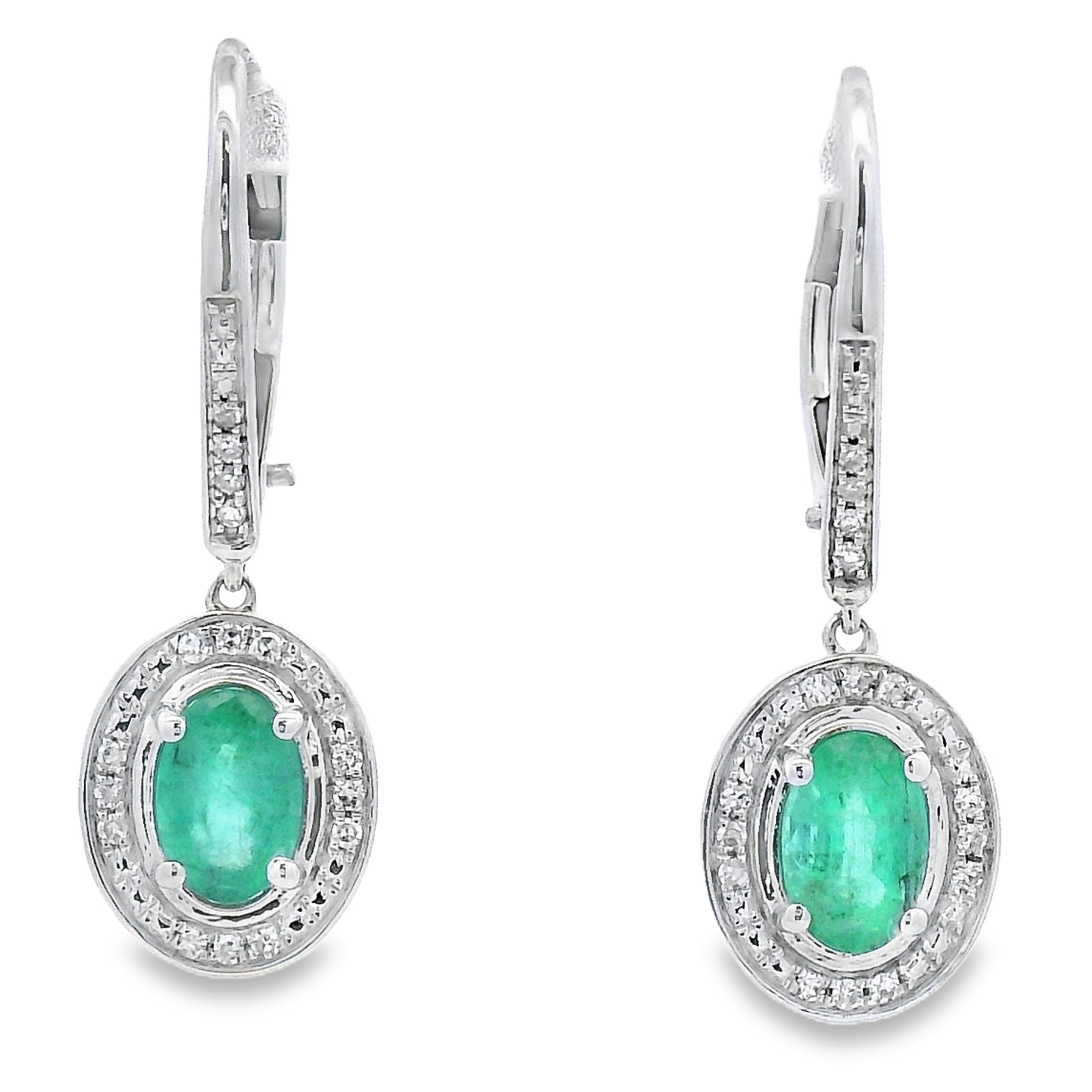 .90ct Emerald Diamond Dangle Earrings 10K White Gold