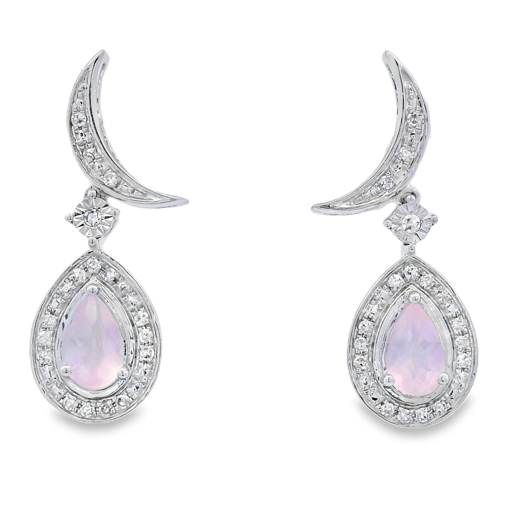 Rose Quartz Diamond Dangle Earrings 10K White Gold
