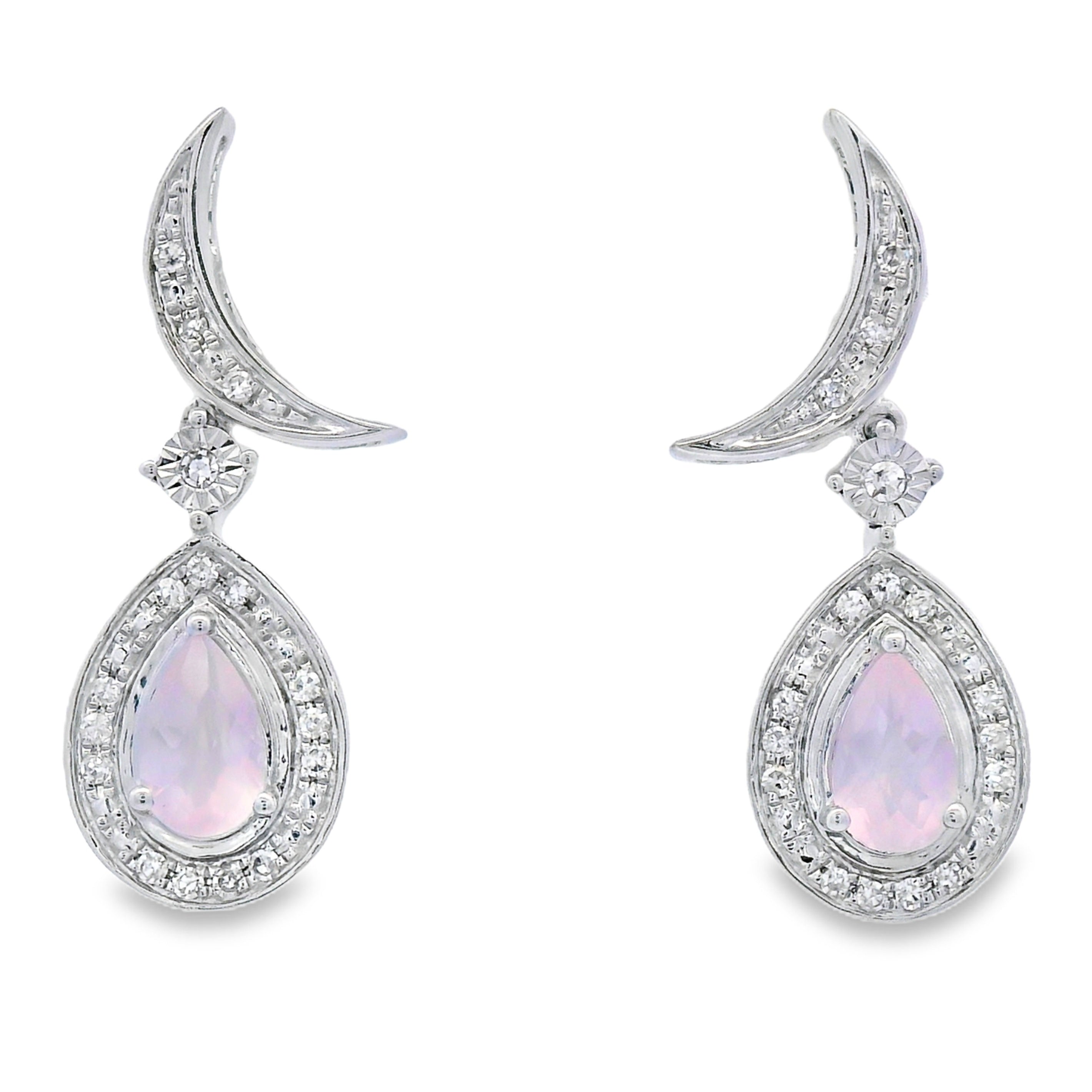 Rose Quartz Diamond Dangle Earrings 10K White Gold