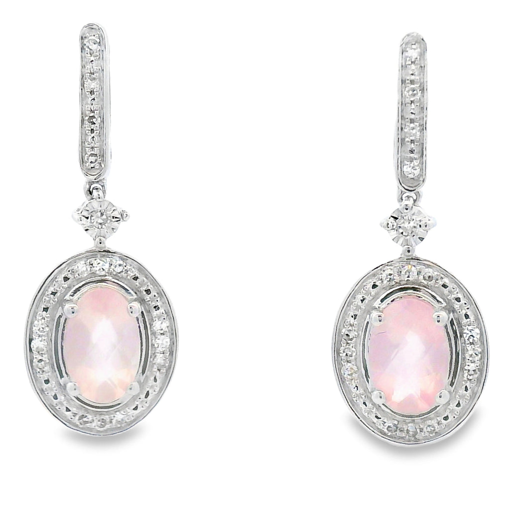 Rose Quartz Diamond Dangle Earrings 10K White Gold