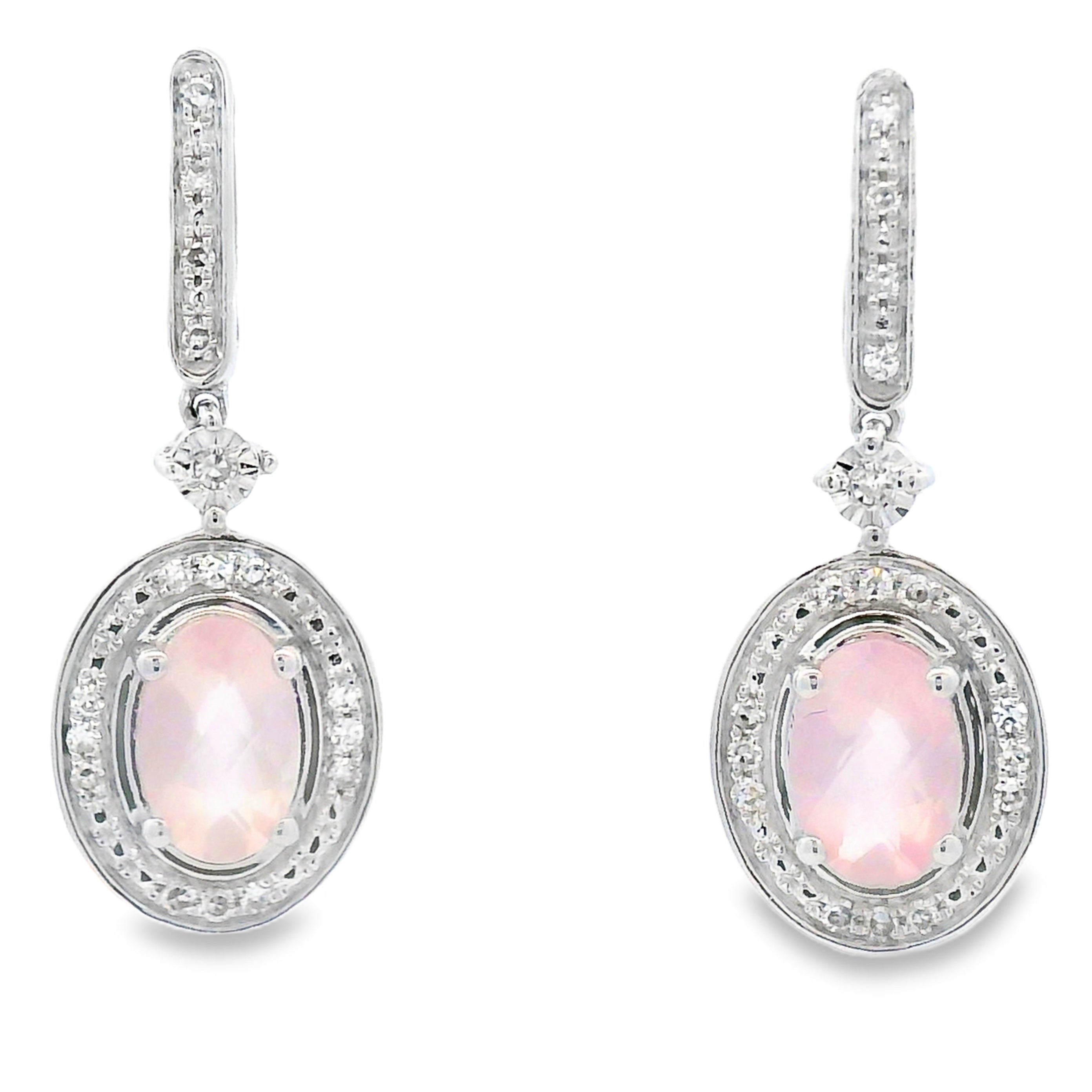 Rose Quartz Diamond Dangle Earrings 10K White Gold