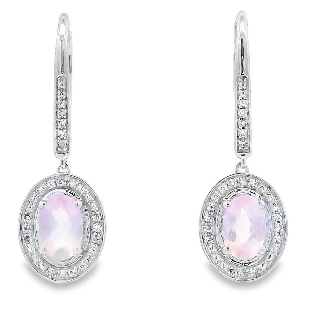 Rose Quartz Diamond Dangle Earrings 10K White Gold