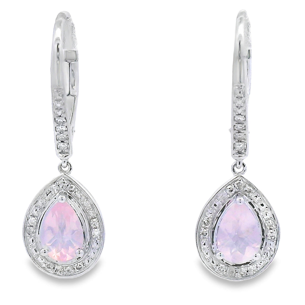 Rose Quartz Diamond Dangle Earrings 10K White Gold