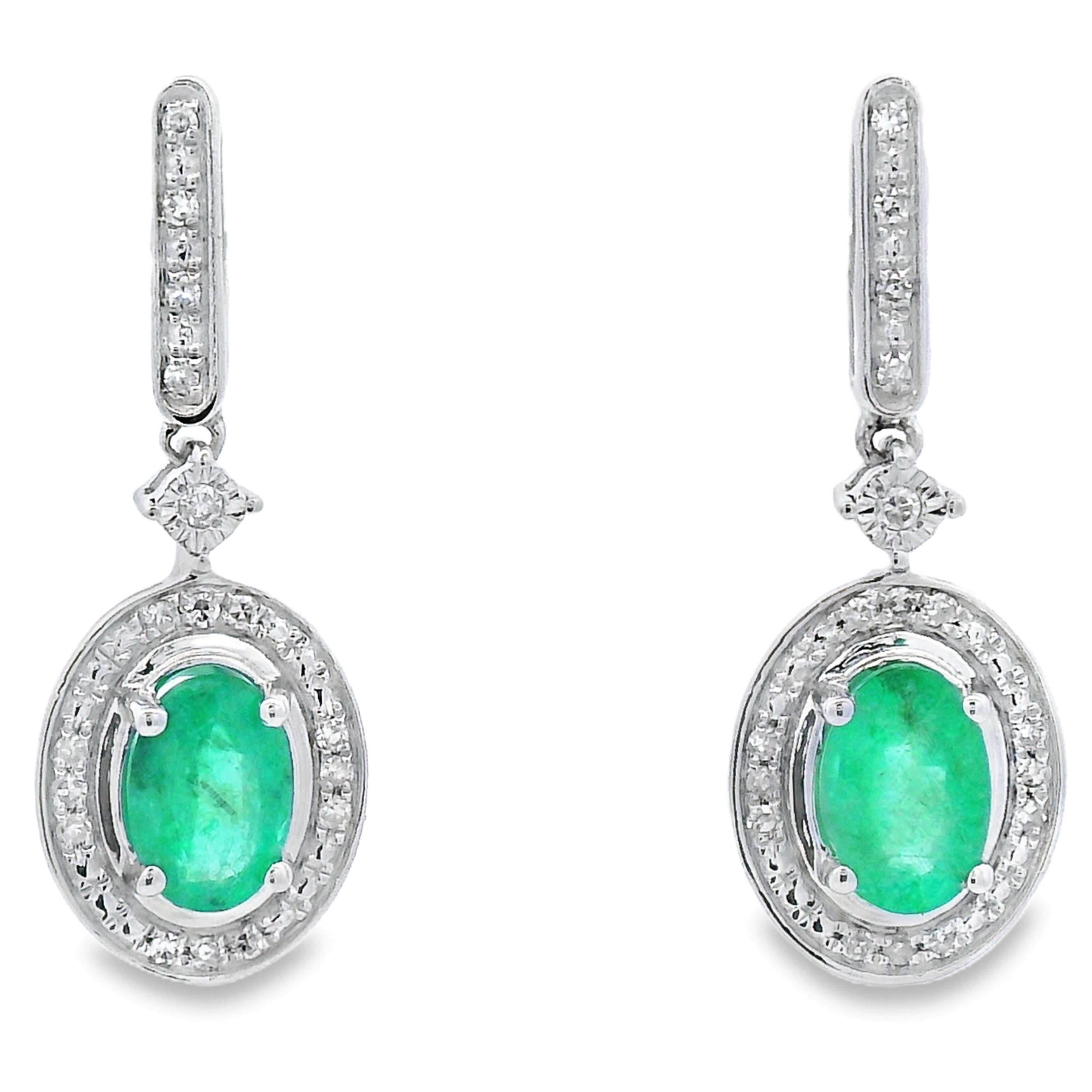 .95ct Emerald Diamond Dangle Earrings 10K White Gold