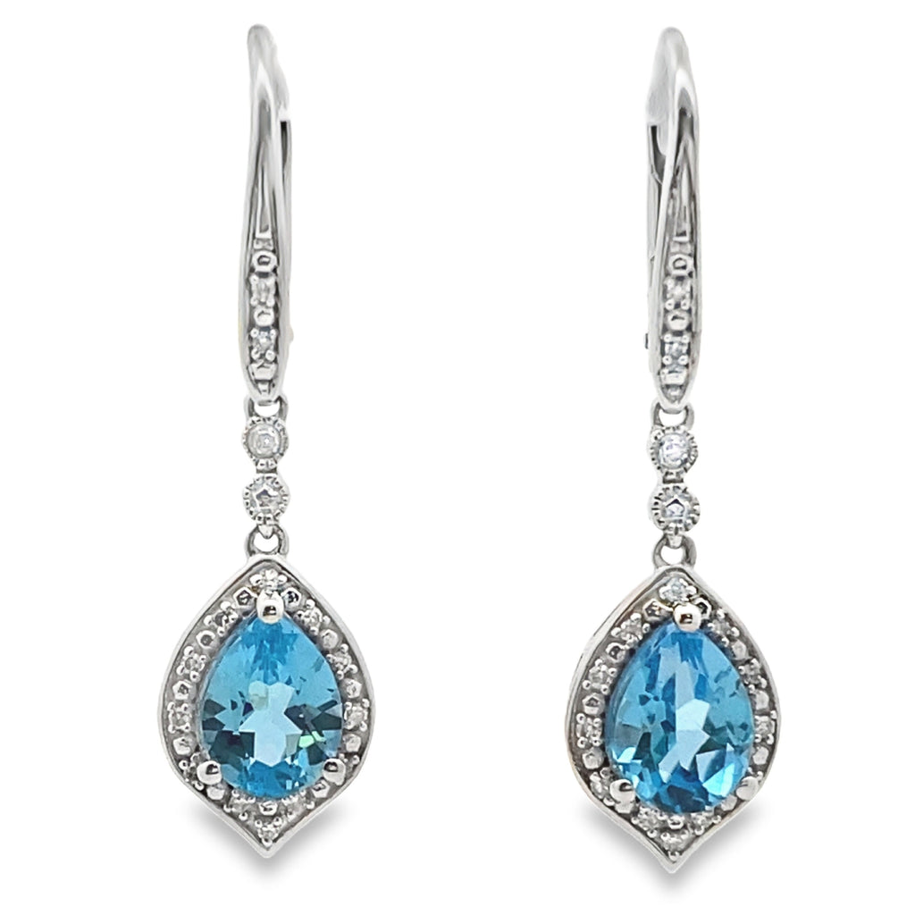 Blue Topaz Diamond Dangle Earrings 10K White Gold