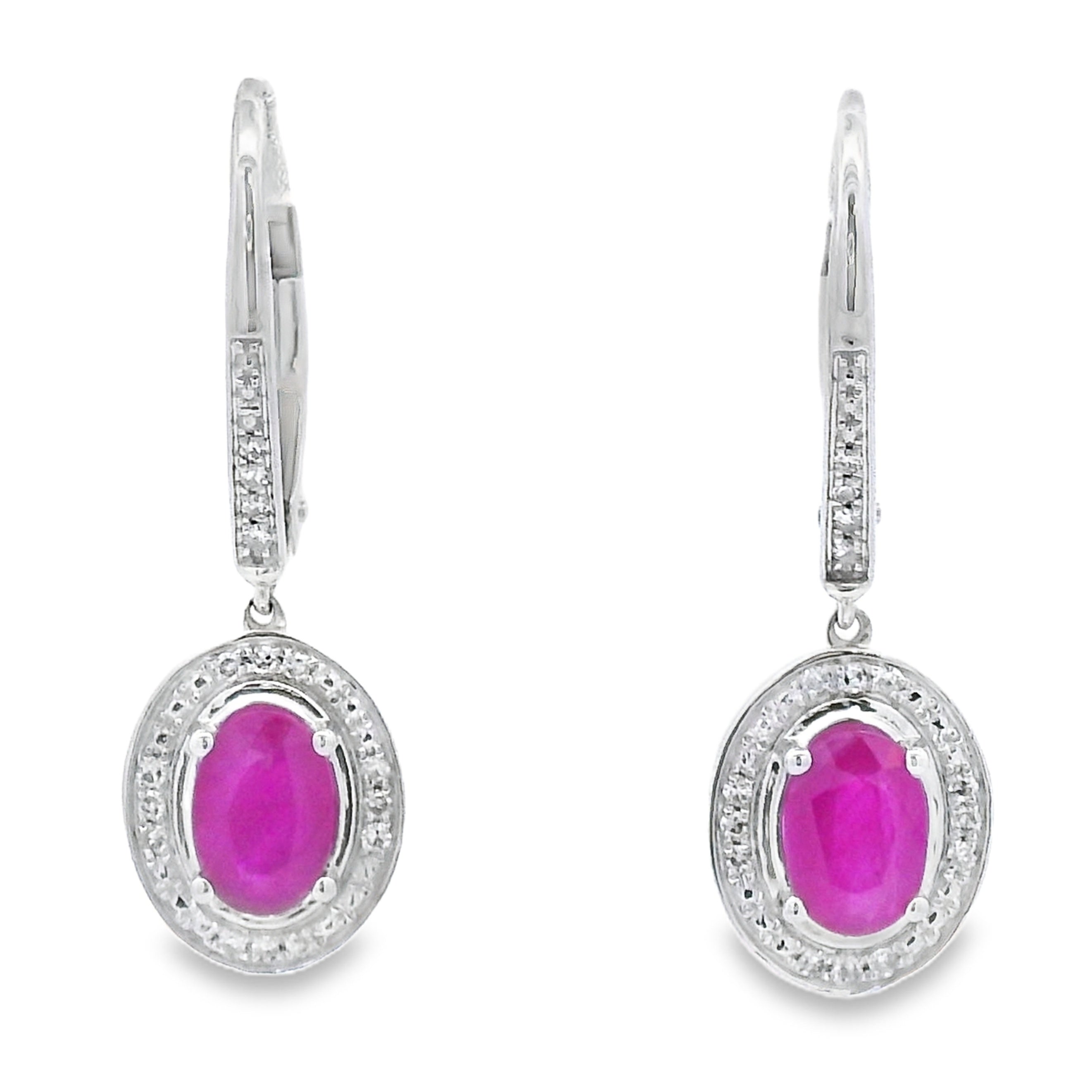 1.28ct Ruby Diamond Dangle Earrings 10K White Gold