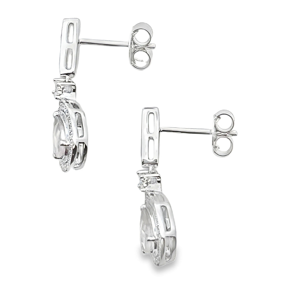 Rose Quartz Diamond Dangle Earrings 10K White Gold