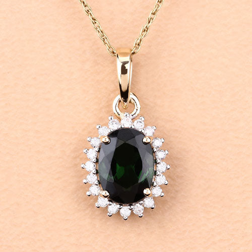 1.39 Carat Genuine Green Tourmaline and White Diamond 14K Yellow Gold Pendant