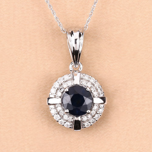 1.71 Carat Genuine Blue Sapphire and White Diamond 10K White Gold Pendant