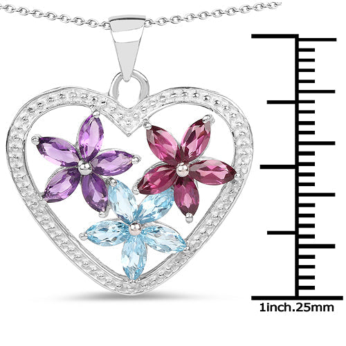 2.35 Carat Genuine Amethyst, Swiss Blue Topaz and Rhodolite .925 Sterling Silver Pendant