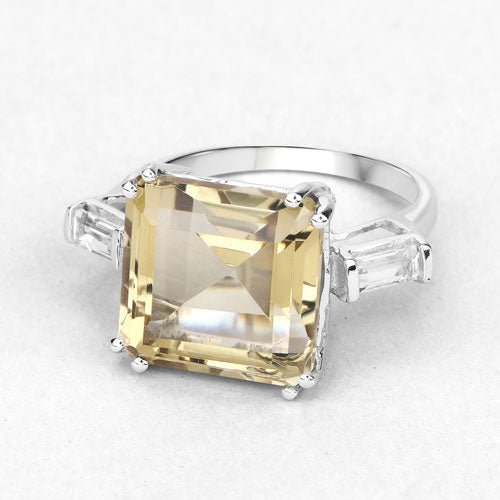 11.45 Carat Genuine Lemon Quartz and White Topaz .925 Sterling Silver Ring