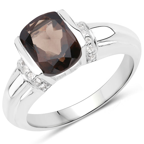 2.03 Carat Genuine Smoky Quartz & White Topaz .925 Sterling Silver Ring