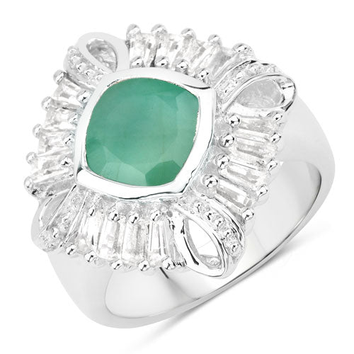 2.57 Carat Genuine Emerald, White Topaz and White Diamond .925 Sterling Silver Ring