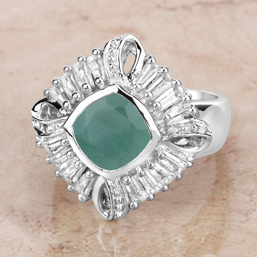 2.57 Carat Genuine Emerald, White Topaz and White Diamond .925 Sterling Silver Ring