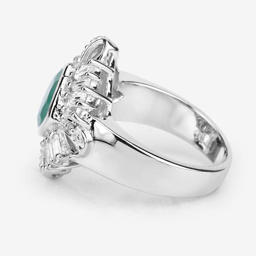 2.57 Carat Genuine Emerald, White Topaz and White Diamond .925 Sterling Silver Ring