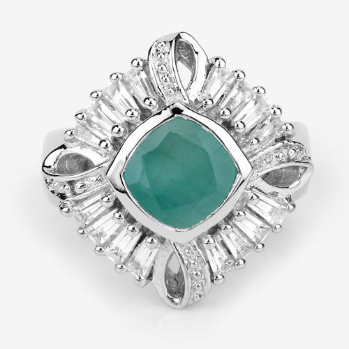 2.57 Carat Genuine Emerald, White Topaz and White Diamond .925 Sterling Silver Ring