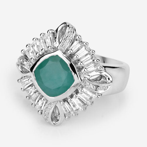 2.57 Carat Genuine Emerald, White Topaz and White Diamond .925 Sterling Silver Ring