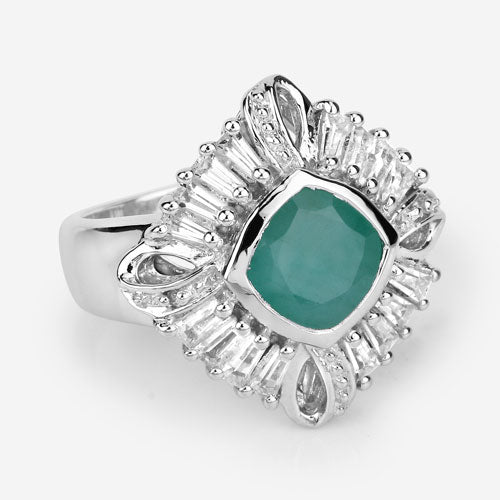 2.57 Carat Genuine Emerald, White Topaz and White Diamond .925 Sterling Silver Ring