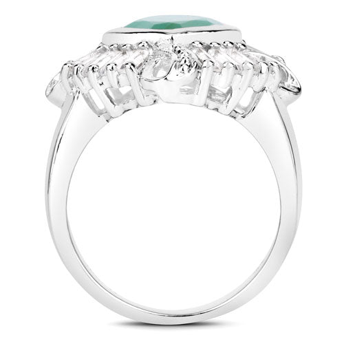 2.57 Carat Genuine Emerald, White Topaz and White Diamond .925 Sterling Silver Ring