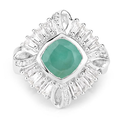2.57 Carat Genuine Emerald, White Topaz and White Diamond .925 Sterling Silver Ring