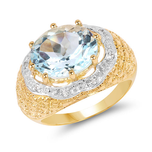 14K Yellow Gold Plated 5.27 Carat Genuine Blue Topaz & White Topaz .925 Sterling Silver Ring