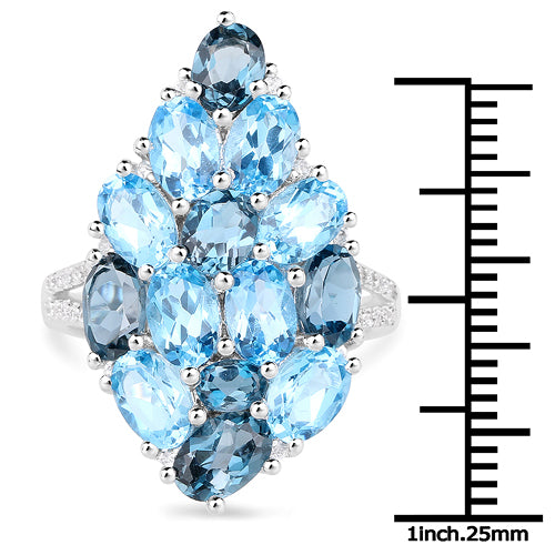 6.69 Carat Genuine Swiss Blue Topaz, London Blue Topaz, and White Zircon .925 Sterling Silver Ring