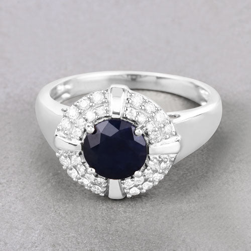 1.71 Carat Genuine Blue Sapphire and White Diamond 10K White Gold Ring