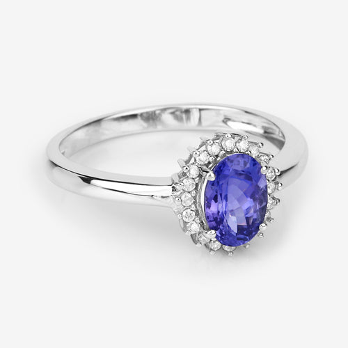 0.86 Carat Genuine Tanzanite and White Diamond 14K White Gold Ring