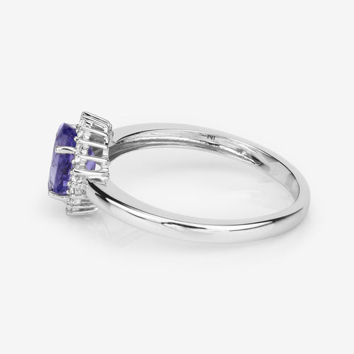 0.86 Carat Genuine Tanzanite and White Diamond 14K White Gold Ring