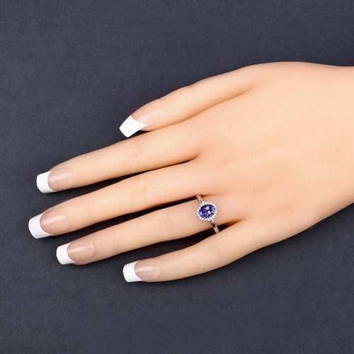 0.86 Carat Genuine Tanzanite and White Diamond 14K White Gold Ring