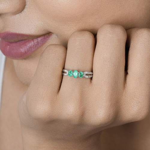 0.53 Carat Genuine Zambian Emerald and White Diamond 14K White Gold Ring