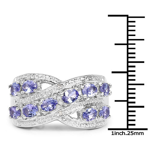 1.71 Carat Genuine Tanzanite and White Diamond .925 Sterling Silver Ring