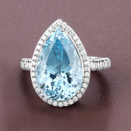 13.42 Carat Genuine Aquamarine and White Diamond 14K White Gold Ring