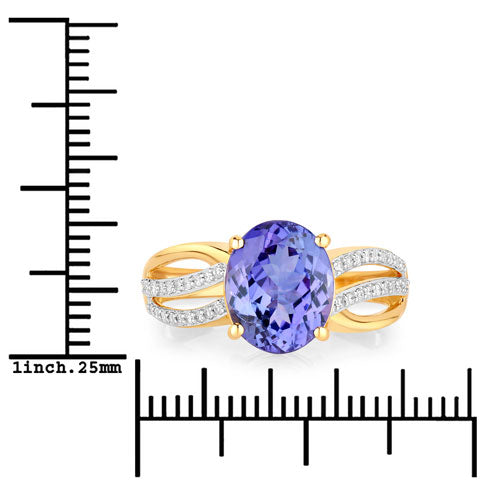 3.26 Carat Genuine Tanzanite and White Diamond 14K Yellow Gold Ring